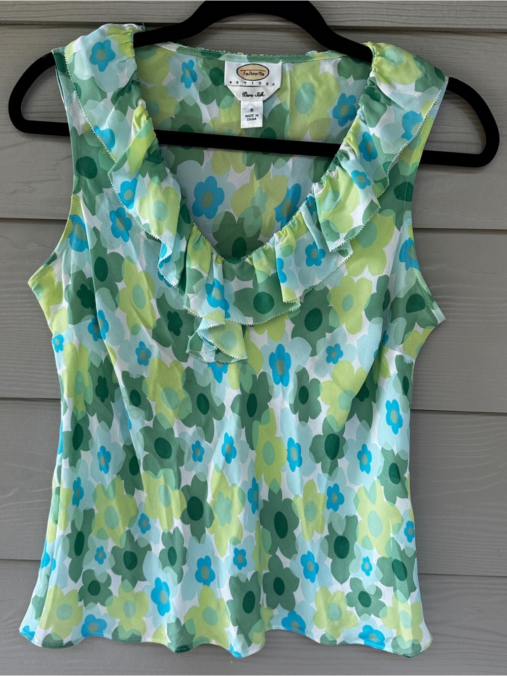 Talbots Petites Blouse Women 8 Green Floral Y2K Vintage Pure Silk Ruffle Tank